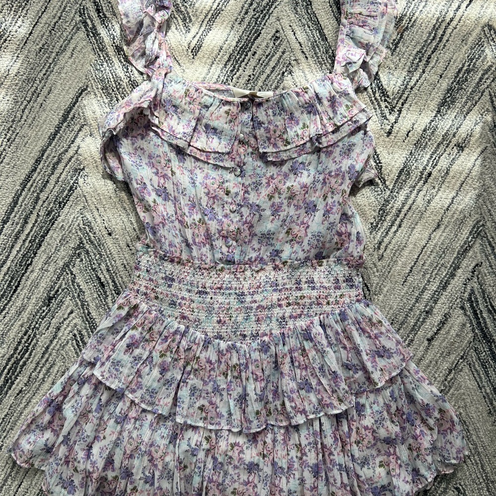 100% Authentic LoveShackFancy Lavender Floral Tiered Mini Dress Size Medium